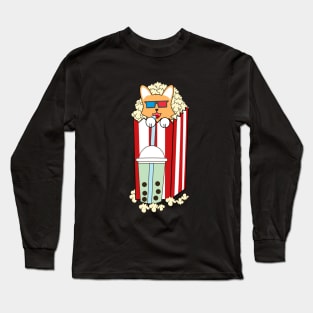 Corgi dog in popcorn bucket watching 3D movies and drinking bubble boba tea Long Sleeve T-Shirt